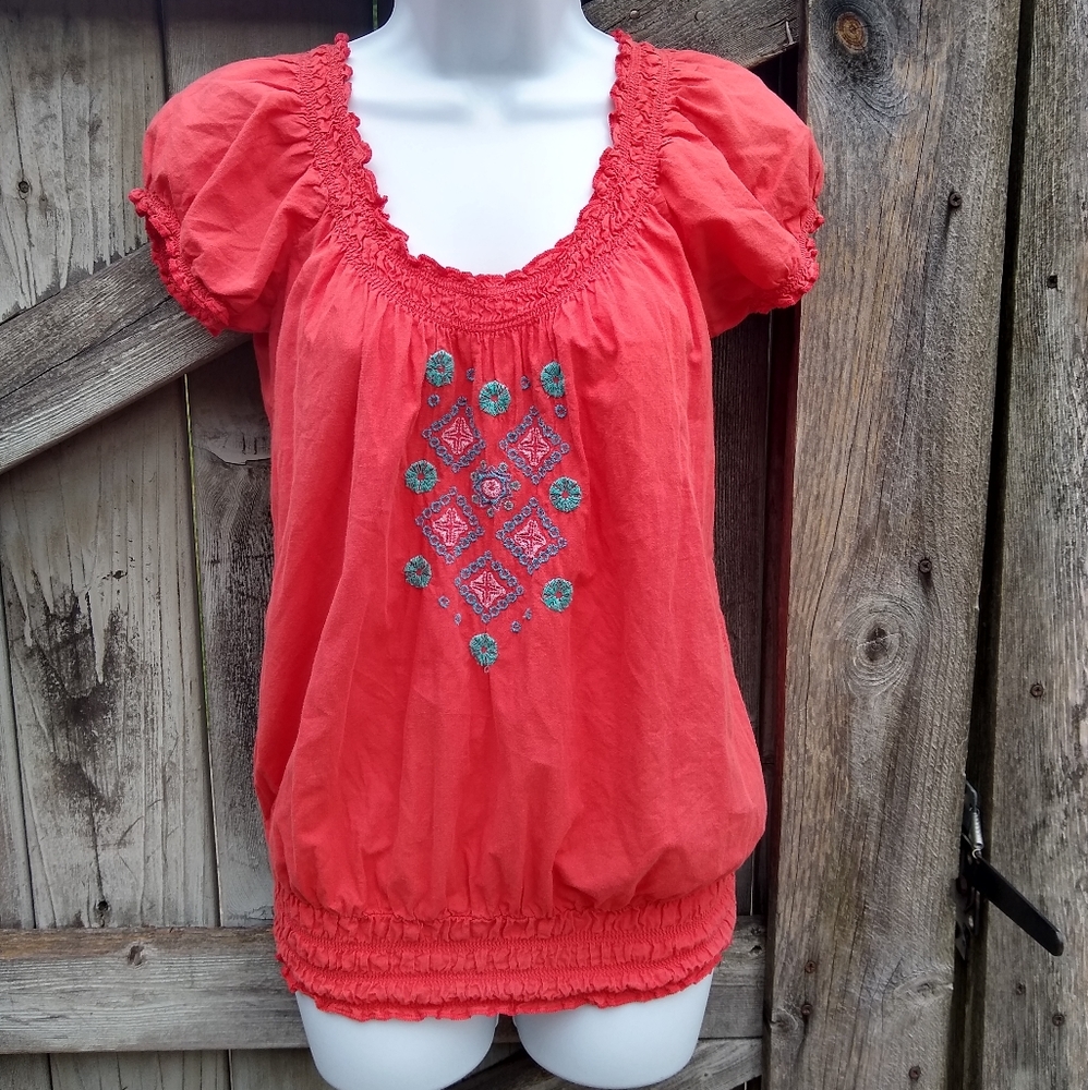 Embroidered Peasant Blouse Red Coral Sz L